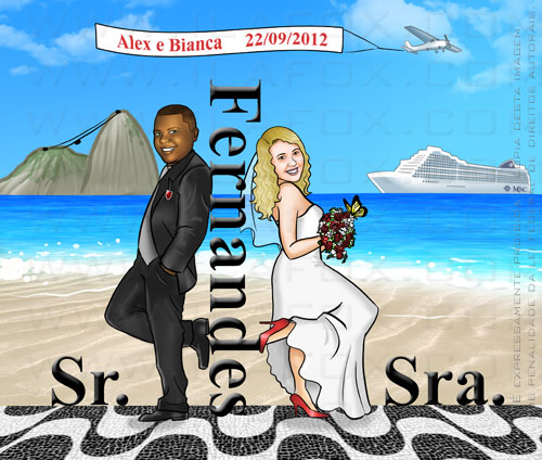 Caricatura noivos, caricatura casal armado, casal na praia, by ila fox