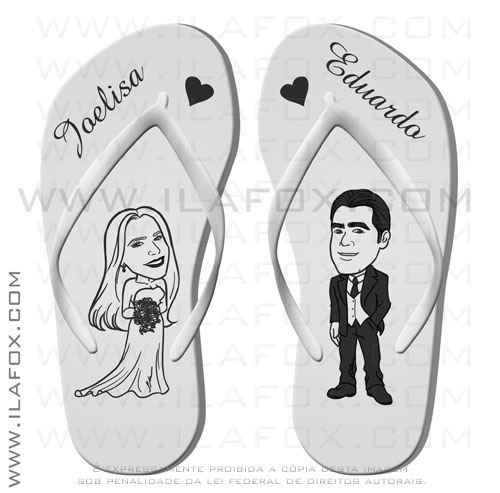 Caricatura noivos, preto e branco, corpo inteiro, chinelo, havaiana by ila fox