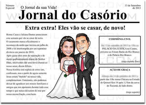 caricatura casal, caricatura noivinhos, caricatura bonita, caricatura para casamentos, convite estilo jornal, convite jornal, by ila fox