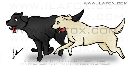 caricatura colorida casal na moto com cachorros labradores, liliam e gilson, by ila fox