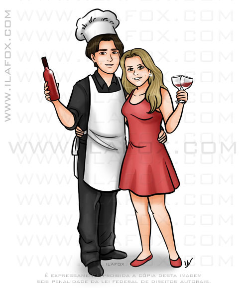 caricatura casal, noivos, corpo inteiro, colorido, chá de BarNela, caricatura desenho by ila fox