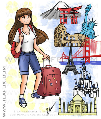 Desenho mangá encomenda, menina viajando pelo mundo, nova york, são francisco, japão, paris, india, disney