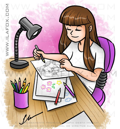 Desenho Mangá encomenda, menina desenhando na escrivaninha, by ila fox