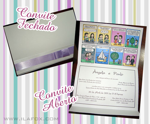 Convite em tirinhas, em quadrinhos, personalizado, noivas, história dos noivos Paulo e Angela, Santa cruz do Rio Pardo - SP, by Ila Fox