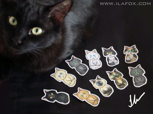 Miucho com imã gatinhos para Adote um Gatinho, Ilustração gato branco, azul, cinza, preto, malhado, rajado, creme, amarelo, tricolor, siamês, casca de tartaruga by ila fox