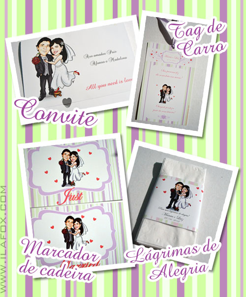 caricatura para convite, caricatura para tag do carro, caricatura para marcador de cadeira, caricatura para lágrimas de alegria, by ila fox