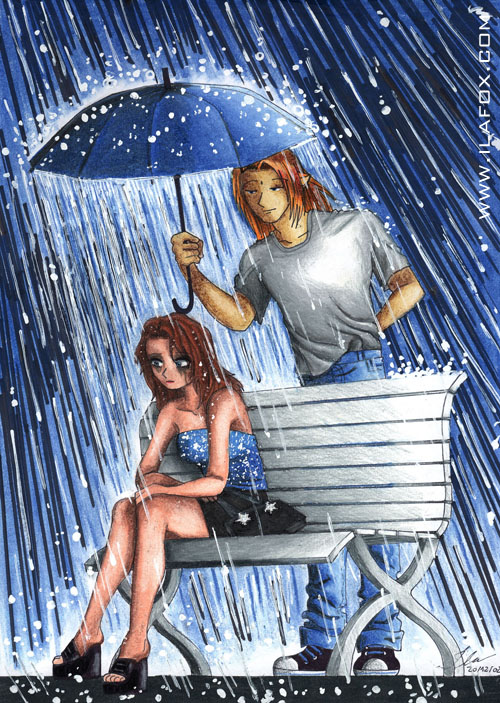 Ila e Fox, na chuva, desenho feito à lápis em 2002 by ila fox