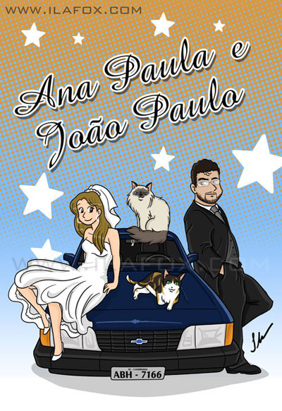 Retrato divertido, noivos, mangá, carro, Opala, gatos, by ila fox