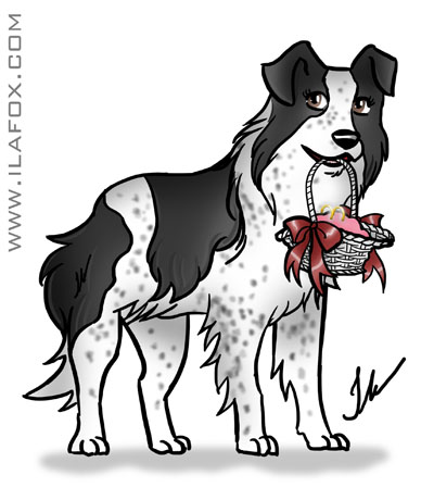 ilustração cachorro, border collie segurando alianças, by ila fox