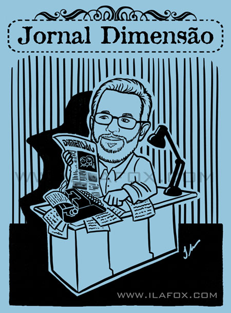 Caricatura colorida, grupo de pessoas, aniversário Jornal Dimensão, Itapetinga, Bahia