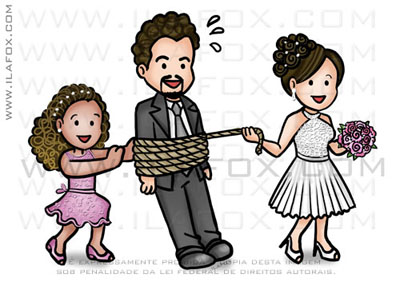 caricatura fofinha, caricatura divertida, caricatura família, caricatura noivo amarrado, noivo arrastado, by ila fox
