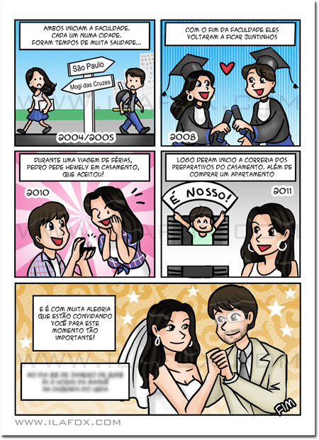Convite em quadrinhos, convite personalizado com a história do casal, convite original para casamento, by ila fox