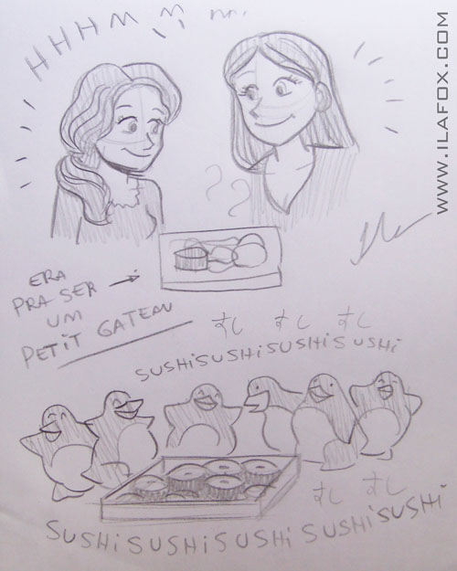 desenho a lápis, Lu cafaggi e Samanta Coan comendo Petit Gateau, Pinguins atacando sushis, by ila fox
