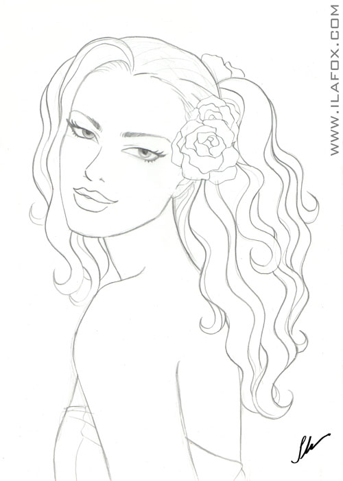 Mulher de cabelos enrolados com flor no cabelo, romana, ilustração com contorno a lápis by ila fox