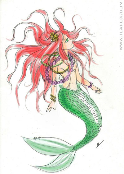 sereia em técnica mista, aquarela e mídia digital, ilustração by ila fox