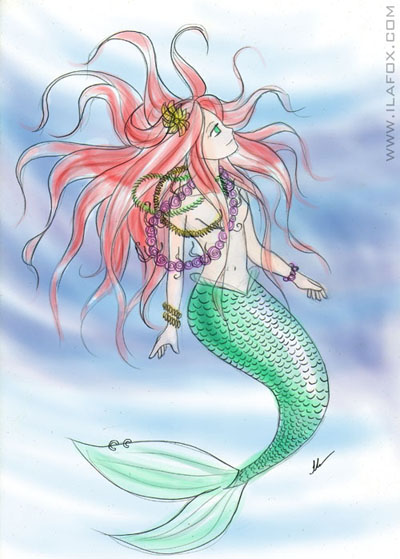 sereia em técnica mista, aquarela e mídia digital, ilustração by ila fox