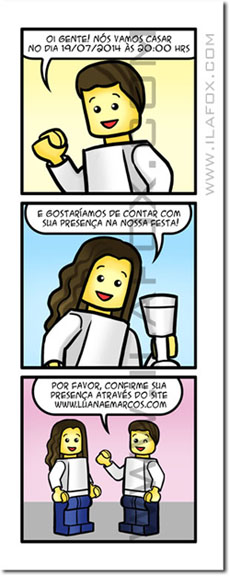 convite em quadrinhos, convite estilo Lego, Lego, convite diferente, convite original, convite noivos Lego, by ila fox