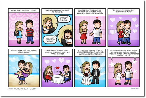convite personalizado, convite em tirinhas, convite de história, caricaturas para casamentos, ila fox