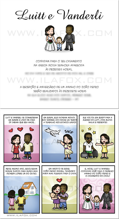 convite em tirinhas, história do casal, noivo negro, noiva branca, by ila fox