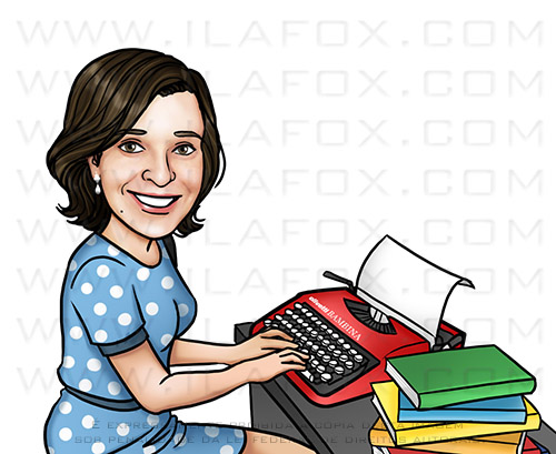 retrato personalizado, retrato mulher na máquina de escrever, retrato escritora, desenho mulher, by ila fox