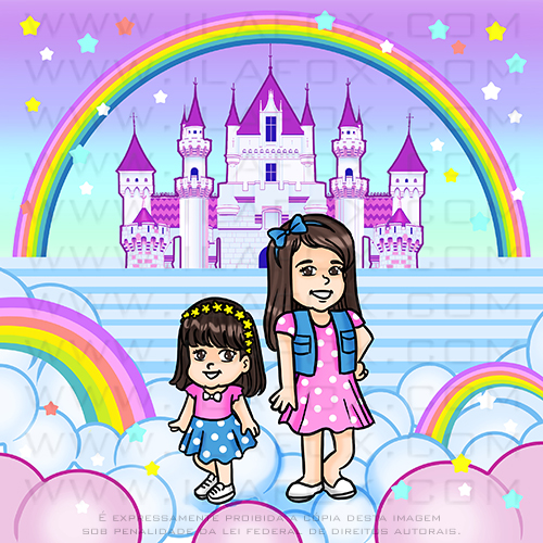 caricatura fofinha, caricatura infantil, castelo princesa, arco íris, caricatura duas irmãs, by ila fox